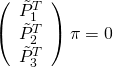 \left(\begin{array}{c} \tilde{P}_1^T \0& \tilde{P}_2^T \0& \tilde{P}_3^T \end{array}\right) \pi = 0